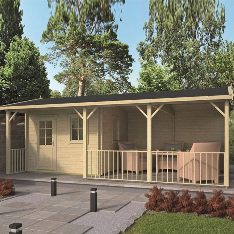 Tuindeco - Chalet bois massif ouvert - 9 m² + 19 m² de terrasse - Couvert - Madrier 40 mm - Ragna