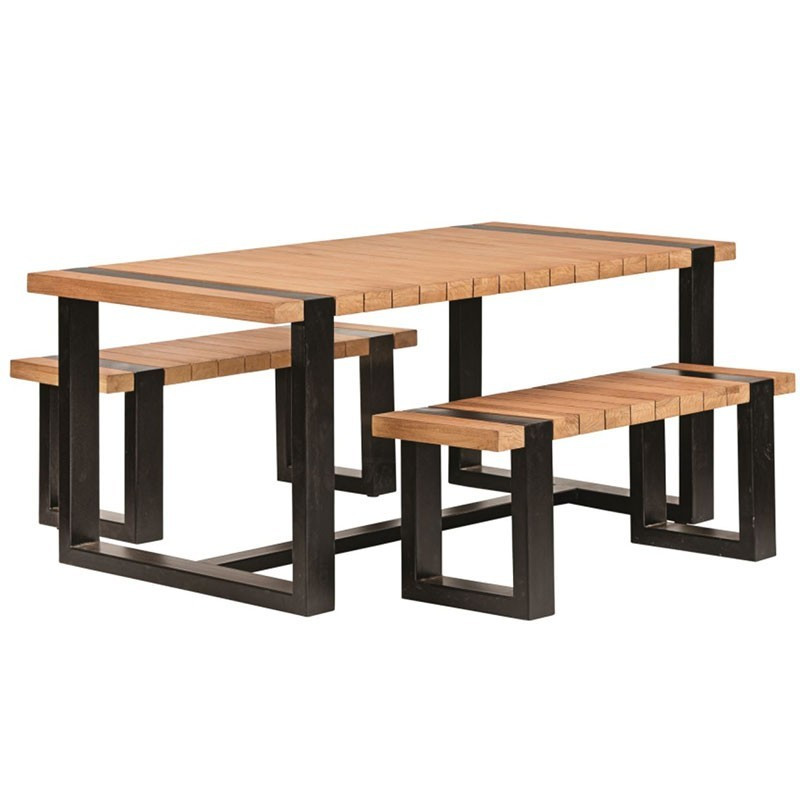 Tuindeco - Table + bancs - Teck et acier noir